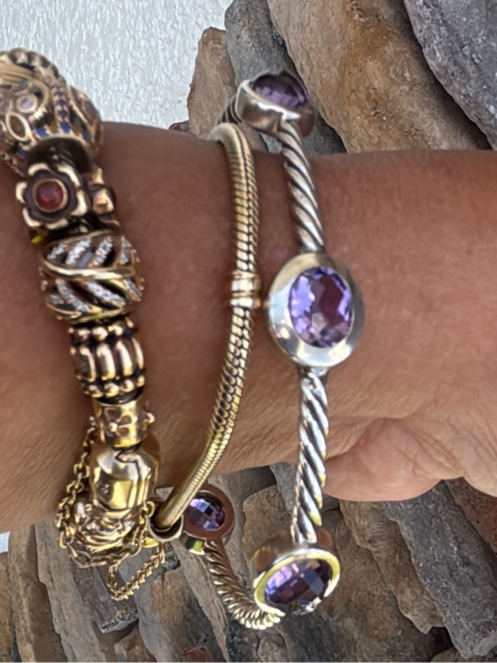 David Yurman Sterling Silver Bangle Bracelet with Amethyst Stations